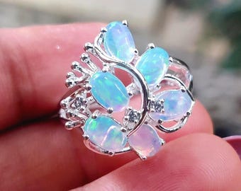 Simulated Fire Opal Oval Cut Engagement Ring 14K White Gold Finish 925 Sterling Silver