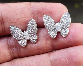 Moissanite Butterfly Stud Earrings, 925 Sterling Silver, 14K White Gold Finish