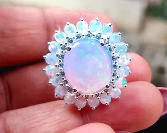 Simulated Fire Opal Oval Cut Engagement Ring 14K White Gold Finish 925 Sterling Silver