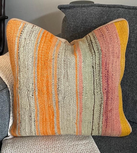 Faded Pastel Kilim Pillow Cover 18x18, Soft Orange Cream Turkish Wool Cushion, Muted Boho Decor - upcycled Anatolian wool flatweave