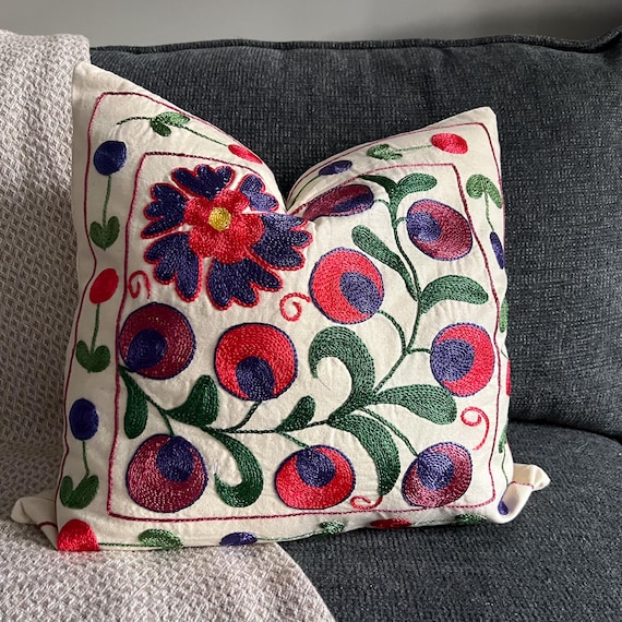 Bohemian Sofa Pillow 19x19, Hand Embroidered Suzani Cushion Cover, Ethnic Floral Home Decor