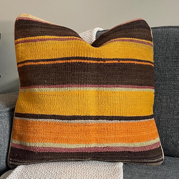 Gold Brown Kilim Pillow Cover 20x20, Orange Band Turkish Wool Cushion, Large Boho Throw Pillow - upcycled Anatolian wool flatweave