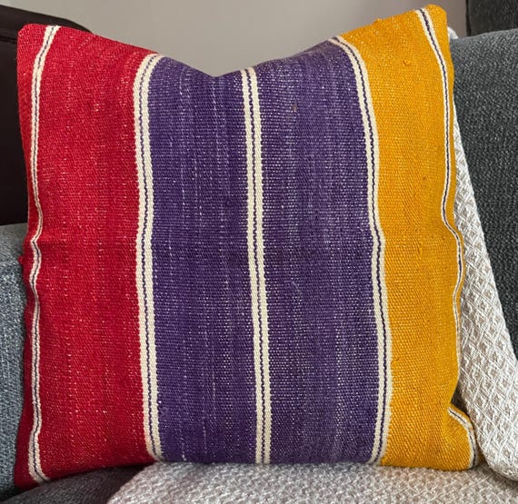 Purple and Yellow 16x16 Pillow, Handwoven Kilim Pillow Cover Colorful Boho Throw Pillow, Vintage Turkish Cushion, Rustic Home Decor - upcycled Anatolian wool flatweave