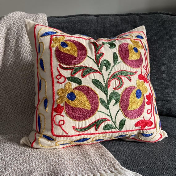 Silk Embroidered Pillow Cover 19x19, Suzani Boho Cushion, Vibrant Floral Home Accent