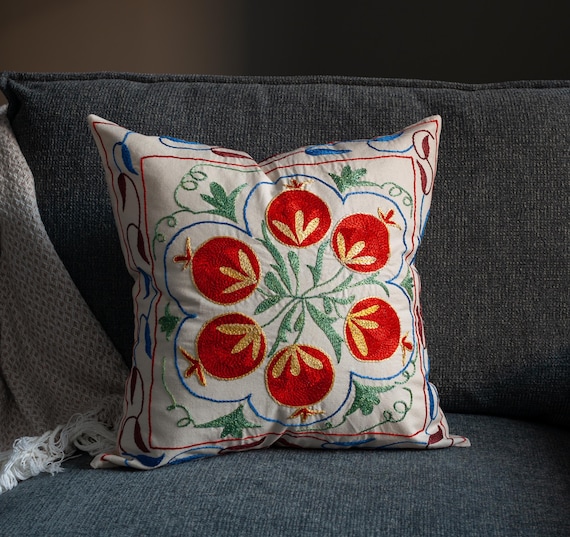 Scarlet Blossom Suzani Cushion Cover 19x19, Hand Embroidered Throw Pillow, Boho Chic Decor - Uzbek silk hand embroidery