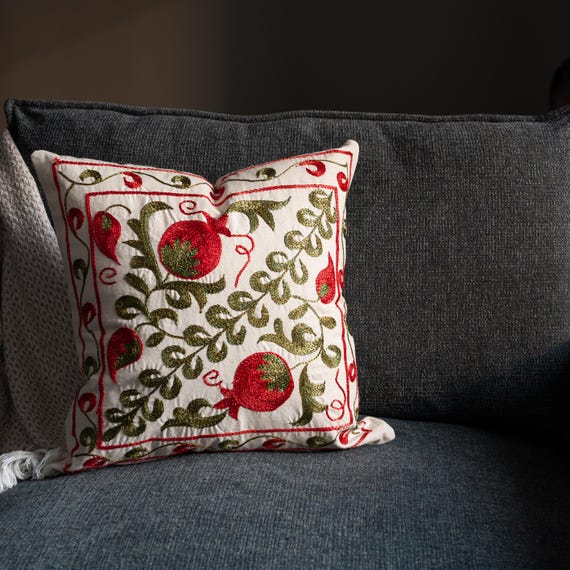 Turkish Boho Pillow Cover 18x18, Suzani Silk Embroidery, Colorful Sofa Accent Cushion