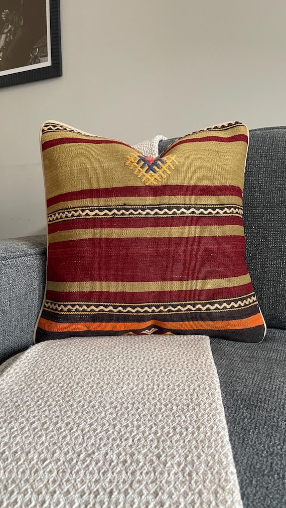 Gold Burgundy Kilim Pillow Cover 18x18, Diamond Medallion Turkish Wool Cushion, Boho Home Decor - upcycled Anatolian wool flatweave