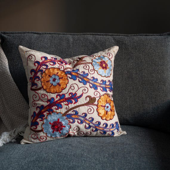 Moody Floral Suzani Pillow Cover 18x18, Hand Embroidered Cushion, Dark Boho Home Accent