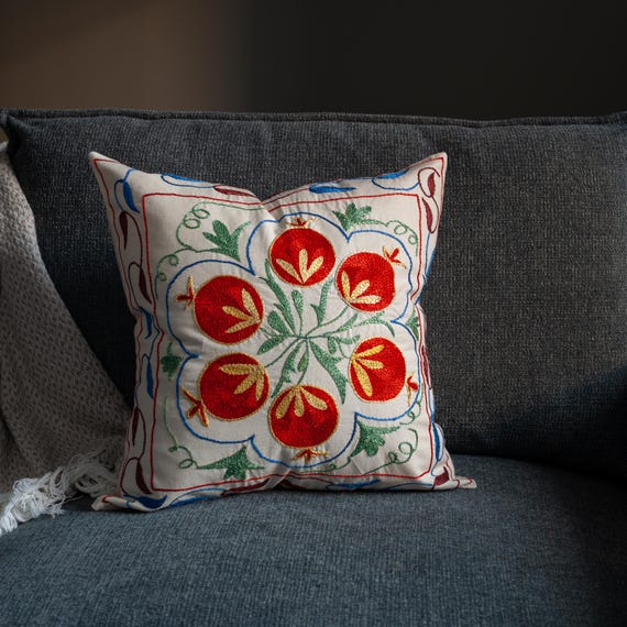 Scarlet Blossom Suzani Cushion Cover 19x19, Hand Embroidered Throw Pillow, Boho Chic Decor