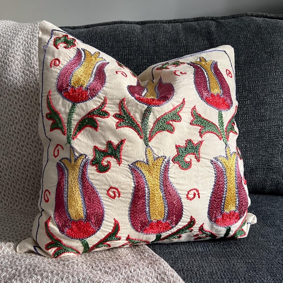 Pink Floral Suzani Accent Pillow 18x18, Hand Embroidered Cushion Cover, Colorful Eclectic Decor