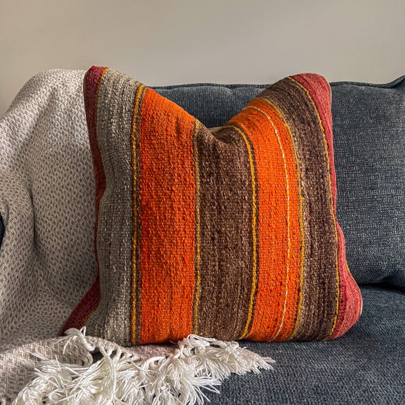 Kilim Pillow Cover 20x20 Vintage Turkish Rug Pillow, Upcycled Wool Boho Accent