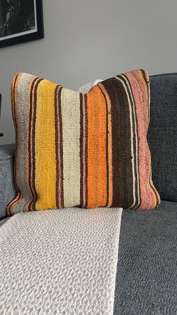 Cream Gold Kilim Pillow Cover 20x20, Orange Pink Stripe Turkish Wool Cushion, Boho Accent Pillow - upcycled Anatolian wool flatweave