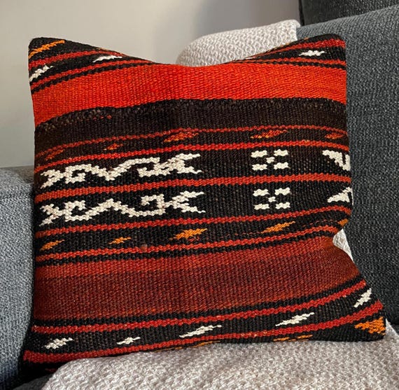 Red and Black Kilim Pillow Cover 16x16, Handwoven Turkish Wool Cushion, Tribal Boho Decor - upcycled Anatolian wool flatweave