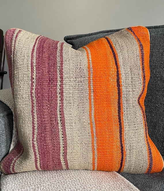 Cream Plum Kilim Pillow Cover 20x20, Orange Stripe Turkish Wool Cushion, Large Boho Accent Pillow - upcycled Anatolian wool flatweave