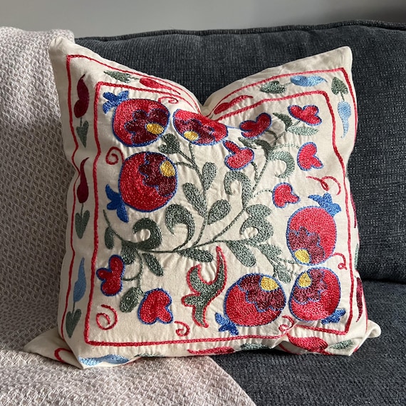 Uzbek Suzani Cushion Cover 18x18, Silk Hand Embroidered Throw Pillow, Maximalist Boho Home Decor