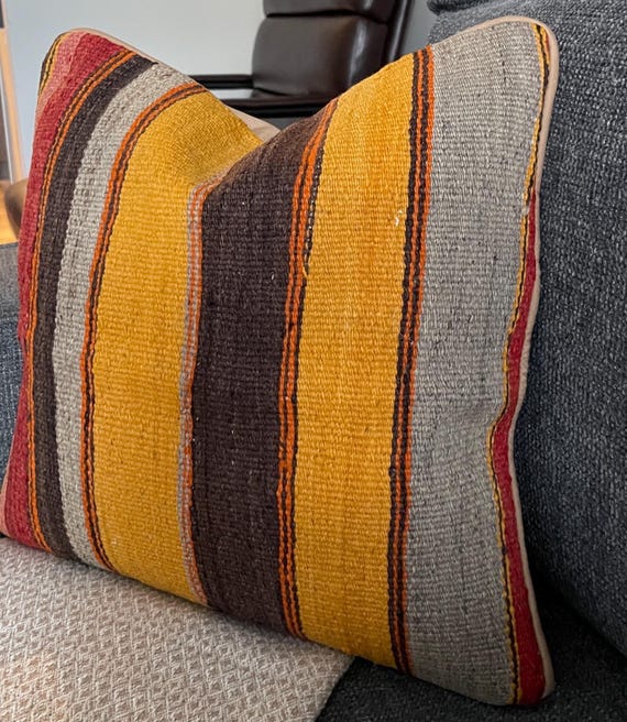 Golden Yellow Kilim Pillow Cover 18x18, Cream Brown Stripe Turkish Wool Cushion, Boho Throw Pillow - upcycled Anatolian wool flatweave