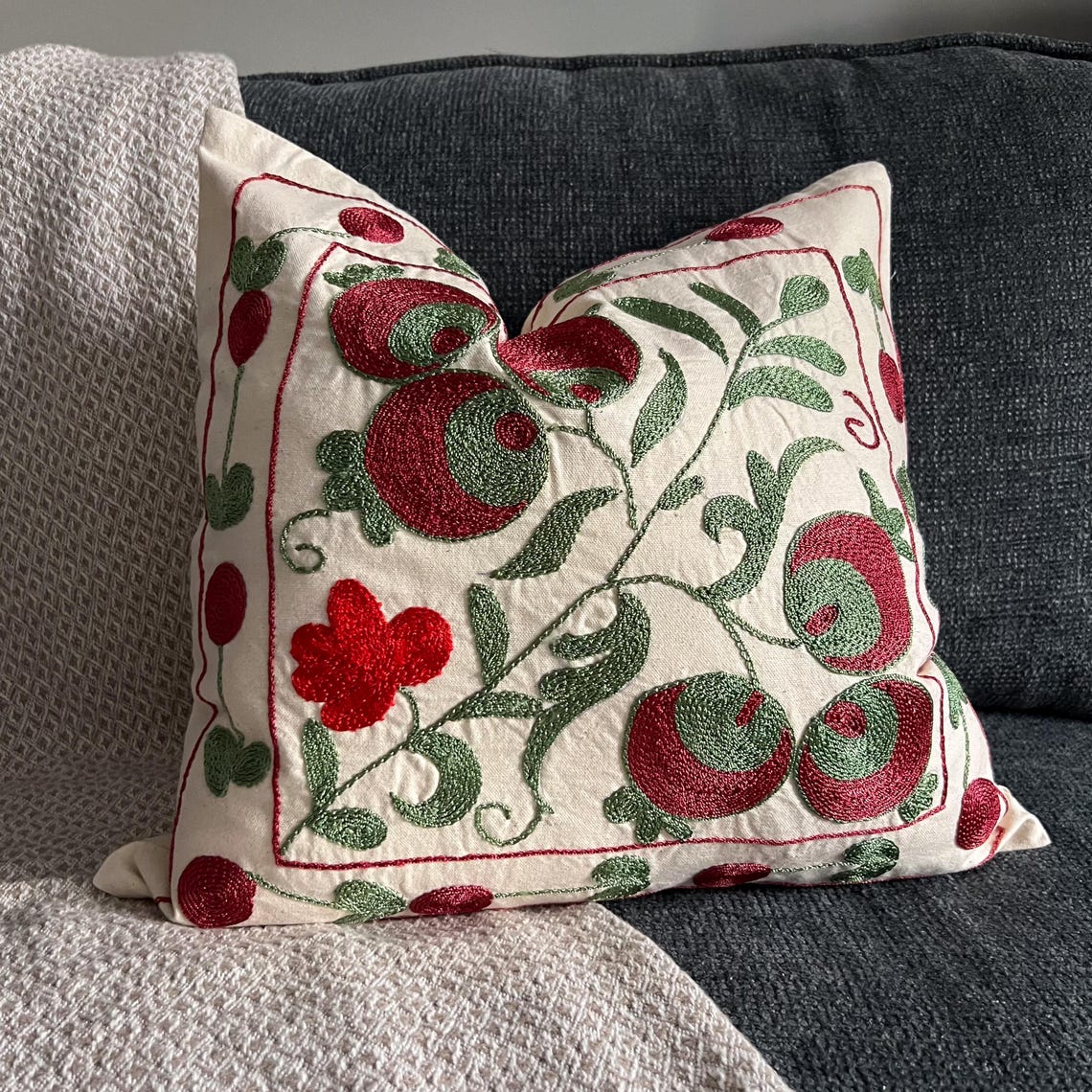 Boho Floral Throw Pillow 18x18, Hand Embroidered Suzani Cushion Cover, Colorful Eclectic Home Decor - Uzbek silk hand embroidery