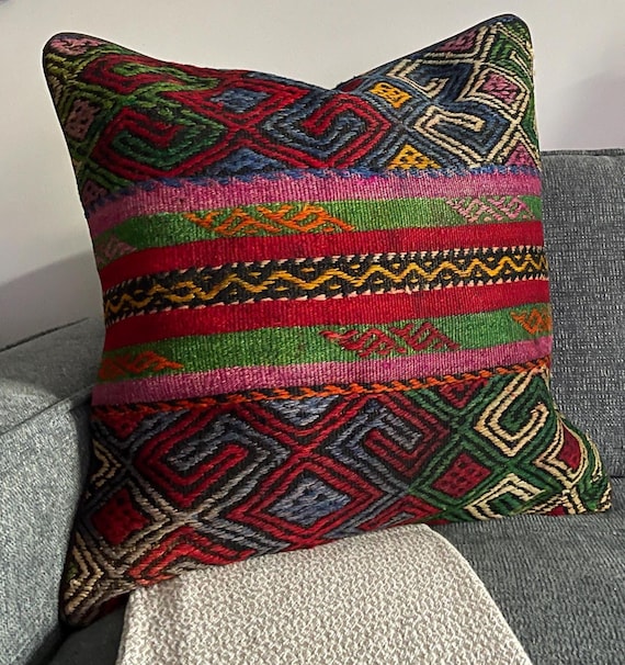 Pink Green Stripe 25x25 Pillow, Vintage Turkish Kilim Pillow Cover, Repurposed Wool Cushion, Large Boho Accent, Floor Cushion, Floor Pouf - upcycled Anatolian wool flatweave