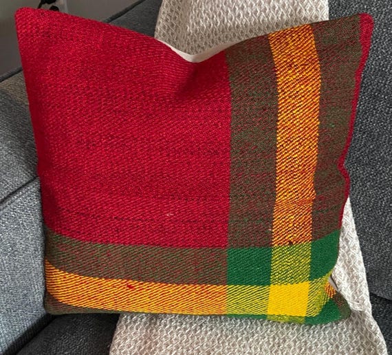Red Color Block Kilim Pillow Cover 16x16, Mustard Green Turkish Wool Cushion, Modern Boho Decor - upcycled Anatolian wool flatweave