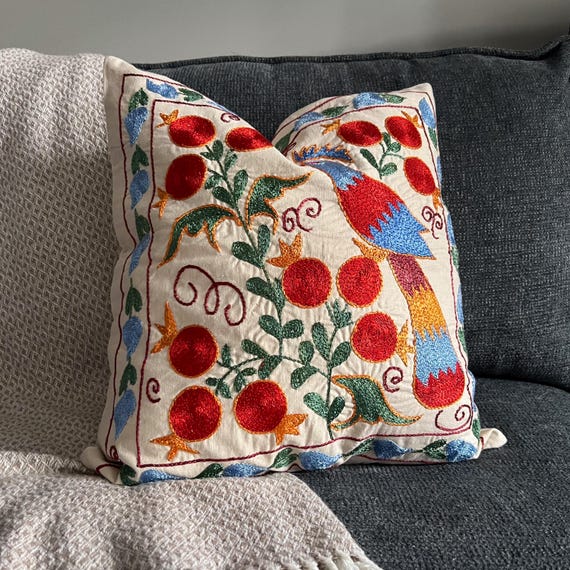 Parrot Motif Suzani Pillow Cover 18x19, Hand Embroidered Bird Cushion, Whimsical Boho Decor