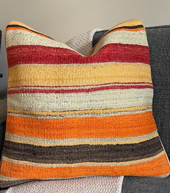 Vintage Turkish Kilim Pillow Cover, 20x20, Handwoven Anatolian Cushion, Tribal Boho Pillow , Rustic Home Decor, Accent Pillow