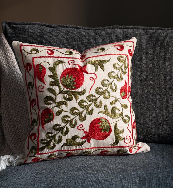 Turkish Boho Pillow Cover 18x18, Suzani Silk Embroidery, Colorful Sofa Accent Cushion - Uzbek silk hand embroidery