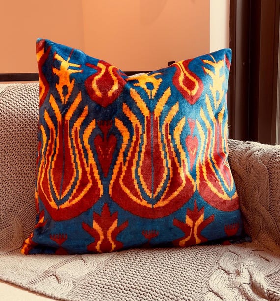 Ikat Pillow Cover 23x23, Double Sided Velvet Cushion Covers, Blue Red Yellow Boho Equestrian Decor - hand-loomed wool area rug, natural dyes