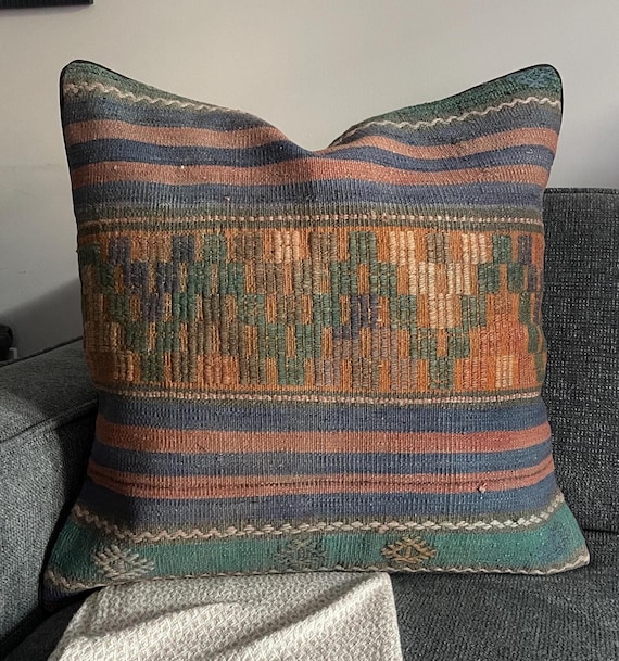 Vintage Turkish Kilim Pillow Cover, 25 x 25 inches Handwoven Wool Cushion, Boho Tribal Pillow, Anatolian Home Decor