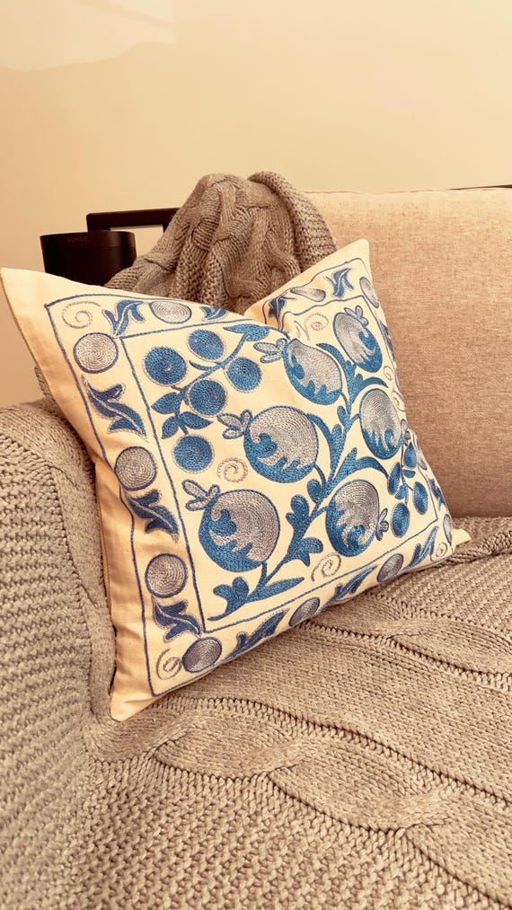 Blue Pomegranate Cushion Cover 17x 18 Suzani Throw Pillow, Colorful Bohemian Home Decor - Uzbek silk hand embroidery