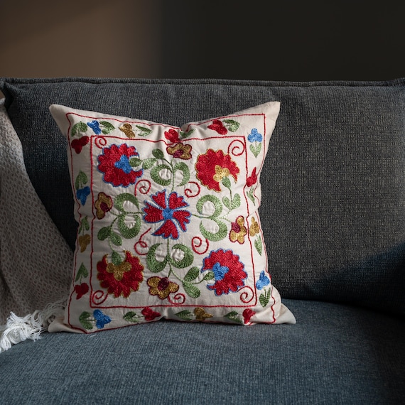 Spring Floral Pillow Cover 18x18, Handmade Suzani Embroidery Cushion, Bright Bohemian Decor