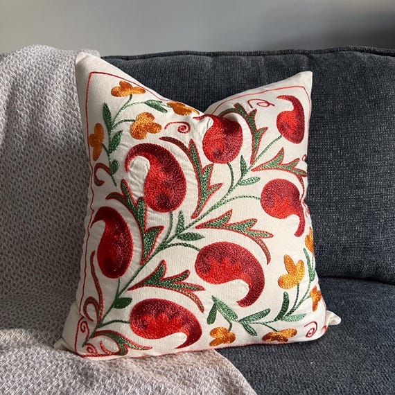 Red Flower Embroidered Pillow Cover 18x19, Handmade Suzani Cushion, Bohemian Bedroom Accent