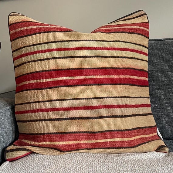 Cream Red Stripe Kilim Pillow Cover 25x25, Extra Large Turkish Wool Floor Cushion, Boho Decor - upcycled Anatolian wool flatweave