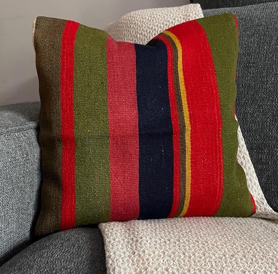 Olive Green Red Kilim Pillow Cover 16x16, Bold Striped Turkish Wool Cushion, Colorful Boho Decor - upcycled Anatolian wool flatweave