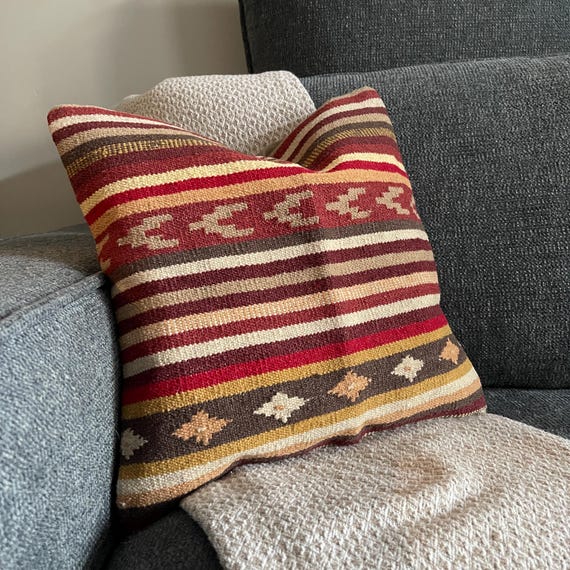 Red Cream Kilim Pillow Cover 16x16, Bird Motif Turkish Wool Cushion, Southwestern Boho Decor - upcycled Anatolian wool flatweave