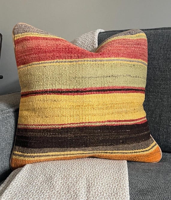 Brick Red Kilim Pillow Cover 20x20, Pale Yellow Brown Turkish Wool Cushion, Rustic Boho Decor - upcycled Anatolian wool flatweave