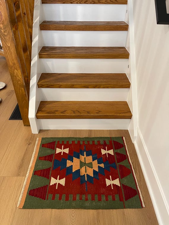 Vintage Turkish Kilim Rug, Handwoven Wool Brick Red Forest Green Tribal, Small Boho Mat (25x31 in) - hand-loomed wool area rug, natural dyes