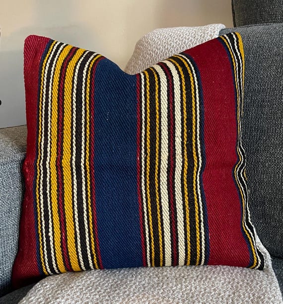 Navy Red Striped Kilim Pillow Cover 16x16, Handwoven Turkish Wool Cushion, Colorful Boho Decor - upcycled Anatolian wool flatweave