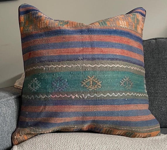 Faded Teal Kilim Pillow Cover 25x25, Blue Rose Stripe Turkish Wool Floor Cushion, Boho Decor - upcycled Anatolian wool flatweave