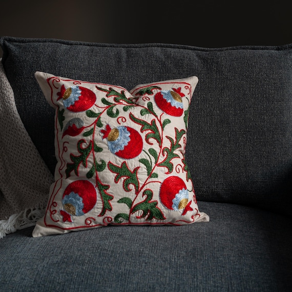 Rosette Embroidered Pillow Cover 18x18, Suzani Boho Cushion Case, Charming Eclectic Decor