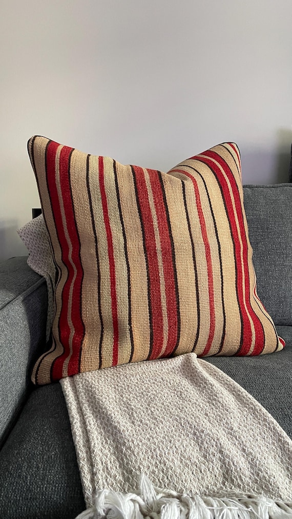 Handwoven Turkish Kilim Pillow Cover,25 x 25 Vintage Boho Cushion Cover, Anatolian Tribal Textile, Wool Throw Pillow, Home Decor