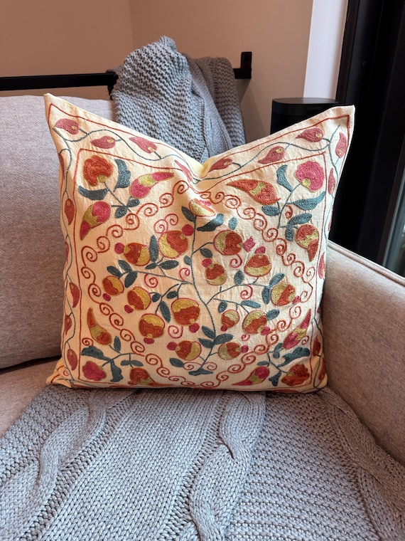 Suzani Pillow Cover 18x18 Cream Coral Floral, Hand Embroidered Uzbek Silk Cushion, Boho Accent Decor