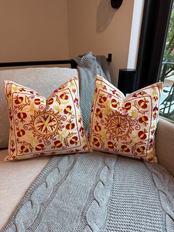 Suzani Pillow Cover Set of 2 18x18 Cream Coral Floral, Hand Embroidered Uzbek Cushions, Boho Decor