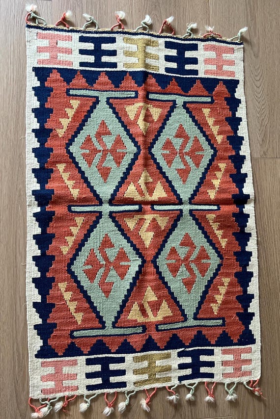 Vintage Turkish Kilim Rug 2.1 x 3.2 ft, Terracotta Navy Handwoven Wool Flat-weave, Tribal Geometric Accent Rug, Boho Decor - hand-loomed wool area rug, natural dyes