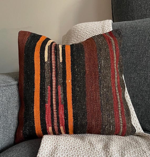 Orange Rust Kilim Pillow Cover 16x16, Dark Brown Handwoven Turkish Wool Cushion, Boho Throw Pillow - upcycled Anatolian wool flatweave