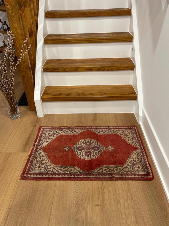 Vintage Turkish Hand-Knotted Wool Rug, Terracotta Cream Rosette Medallion Mat, Entryway Rug (21x33 in) - hand-loomed wool area rug, natural dyes