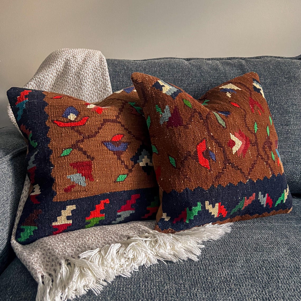 Kilim Pillow Cover Pair 16x16, Matching Vintage Turkish Rug Pillows, Set of 2 Upcycled Wool Cushions - upcycled Anatolian wool flatweave