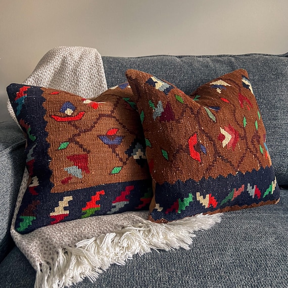 Kilim Pillow Cover Pair 16x16, Matching Vintage Turkish Rug Pillows, Set of 2 Upcycled Wool Cushions