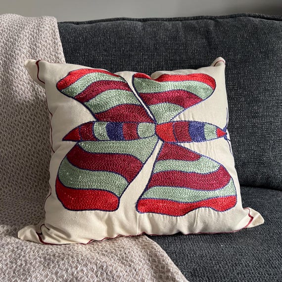 Hand Embroidered Suzani Pillow Cover, Butterfly Design, Boho Floral Throw, Multicolor Ethnic Home Decor