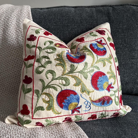 Floral Embroidered Cushion Cover 17x18, Suzani Throw Pillow, Colorful Bohemian Home Decor