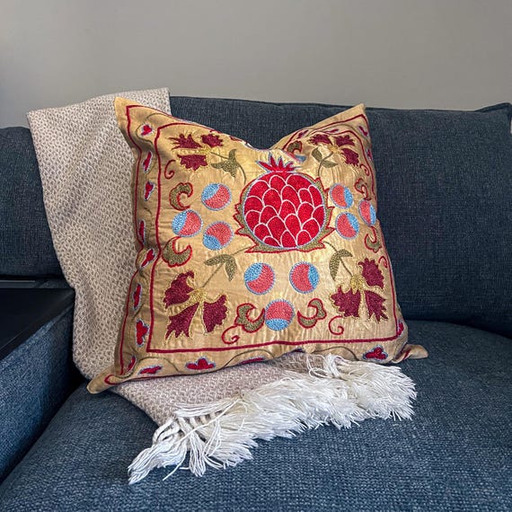 Handmade Suzani Pillow Case 20x20, Bold Floral Silk Embroidery, Eclectic Interior Accent